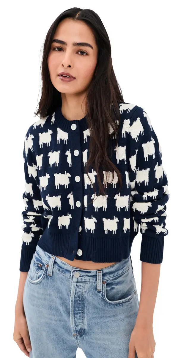 Rowing Blazers Cotton Cropped heep Cardigan Navy | Image 1 Rowing Blazers Cotton Cropped heep Cardigan Navy | Image 1