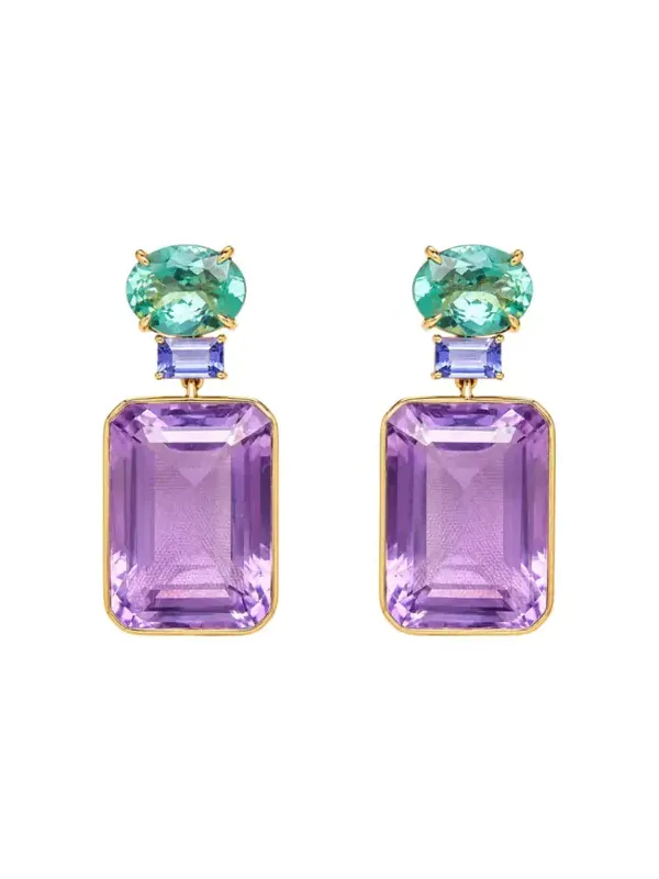 47.98ct Amethyst Apatite Tanzanite 18K Gold Drop Earrings 47.98ct Amethyst Apatite Tanzanite 18K Gold Drop Earrings