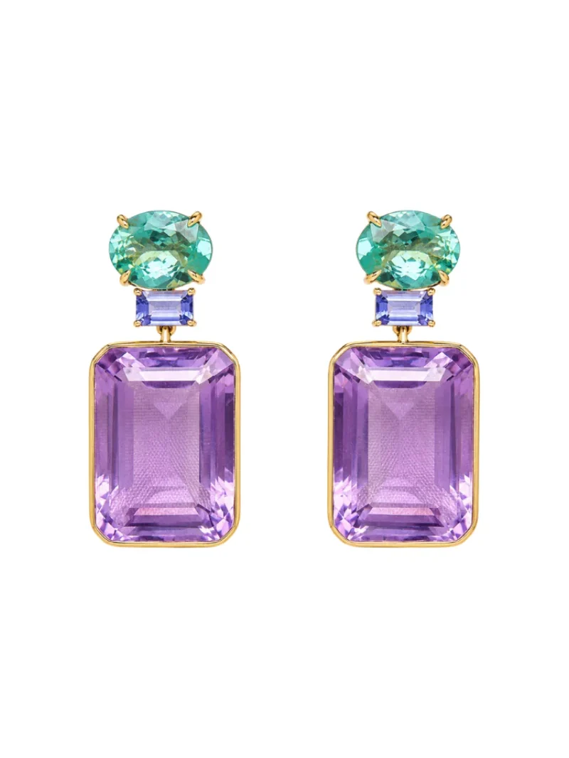 Wish Fine Jewelry 47.98ct Amethyst Apatite Tanzanite 18K Gold Drop Earrings