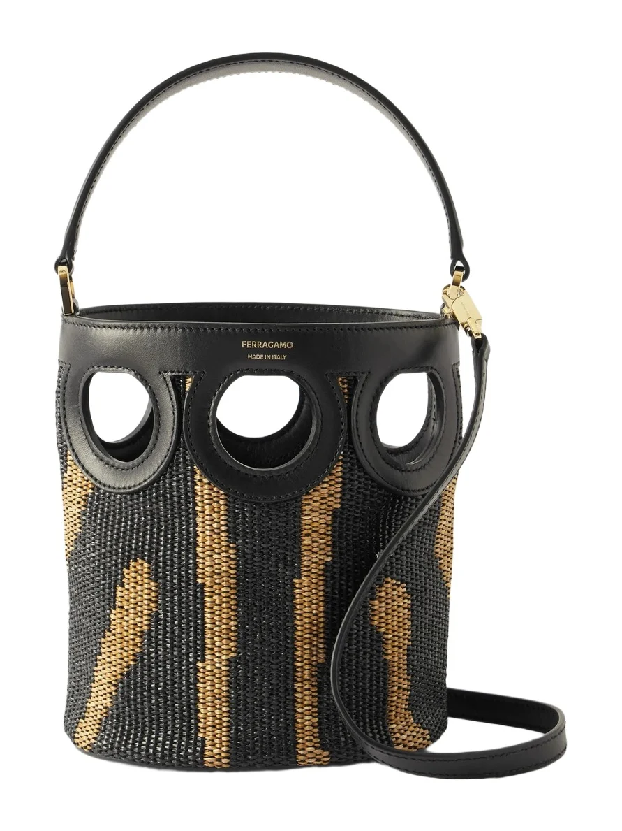 Cutout Leather-paneled Raffia Tote