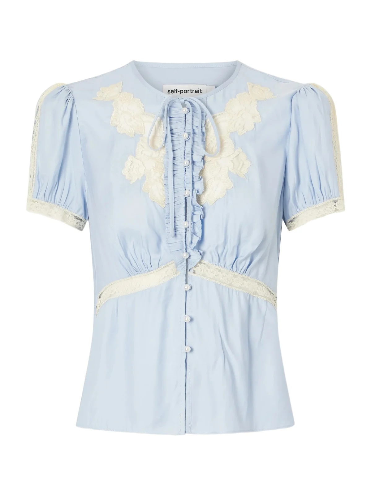 Self-Portrait Ruffled Lace-trimmed Satin Blouse