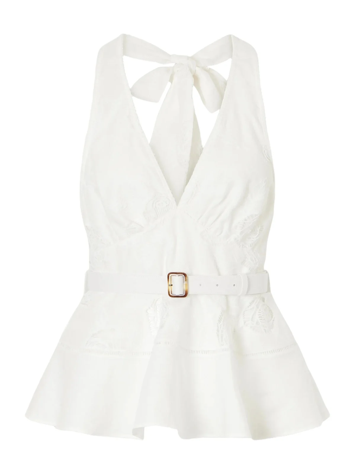 Belted Embroidered Linen And Cotton-blend Peplum Top