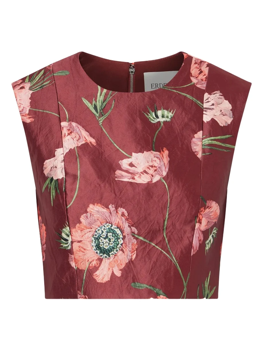 Erdem Floral-print Crinkled Satin Cropped Top