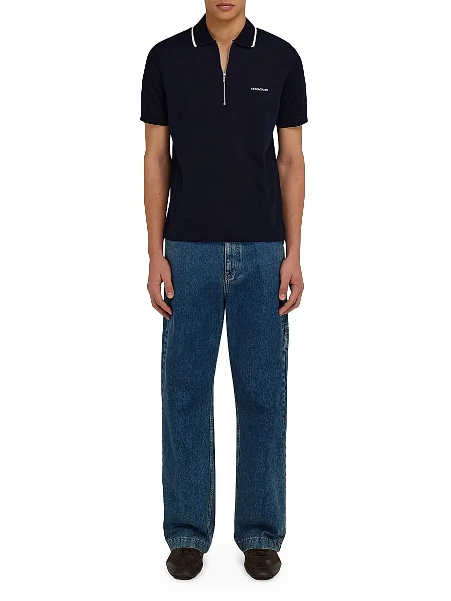 Ferragamo Men's Quarter-Zip Cotton Polo Shirt | Thumbnail 2 Ferragamo Men's Quarter-Zip Cotton Polo Shirt | Thumbnail 2