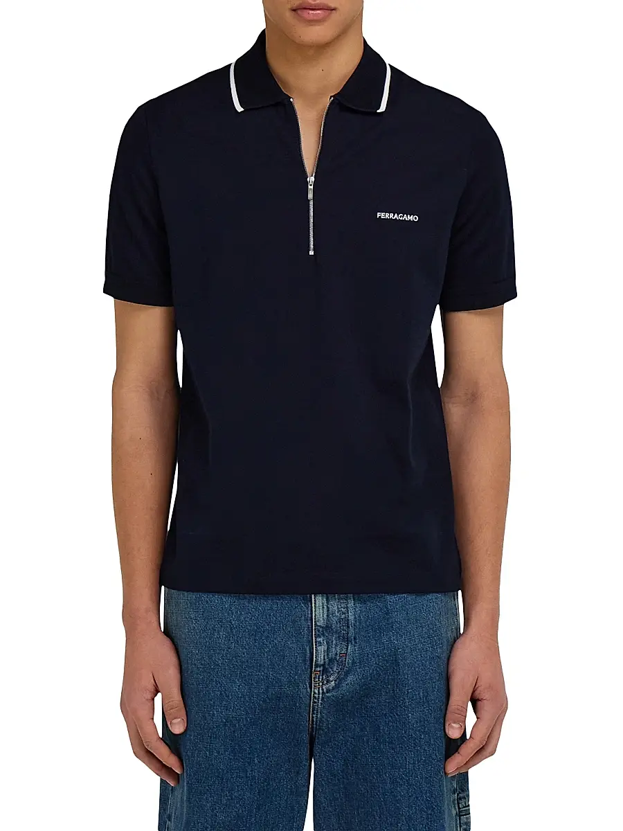 Ferragamo Men's Quarter-Zip Cotton Polo Shirt | Thumbnail 3 Ferragamo Men's Quarter-Zip Cotton Polo Shirt | Thumbnail 3