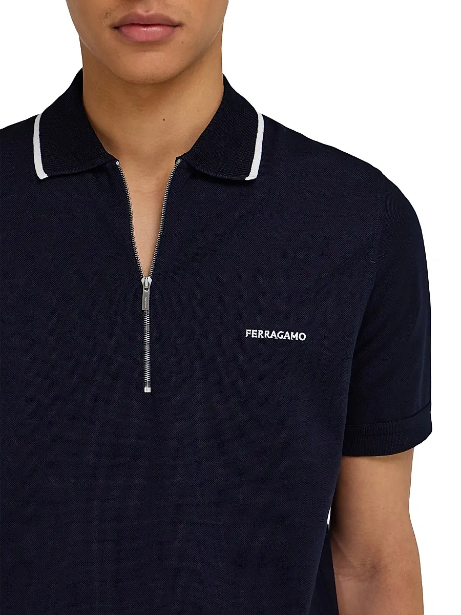 Ferragamo Men's Quarter-Zip Cotton Polo Shirt | Thumbnail 5 Ferragamo Men's Quarter-Zip Cotton Polo Shirt | Thumbnail 5