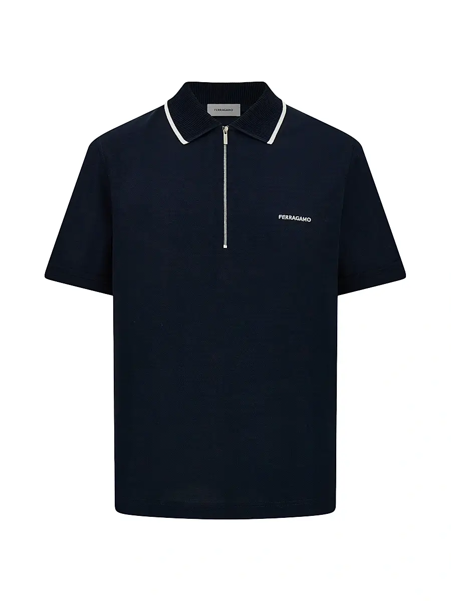 Ferragamo Men's Quarter-Zip Cotton Polo Shirt - New Navy - Size XXL | Image 1 Ferragamo Men's Quarter-Zip Cotton Polo Shirt - New Navy - Size XXL | Image 1