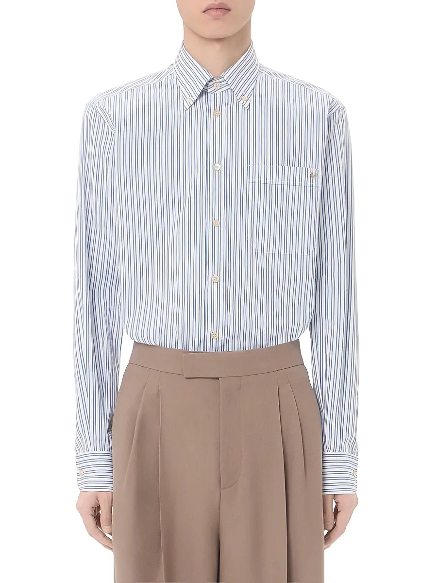 Valentino Men's Cotton Poplin Shirt with VGold Stripes - Ivory Blue | Thumbnail 3 Valentino Men's Cotton Poplin Shirt with VGold Stripes - Ivory Blue | Thumbnail 3