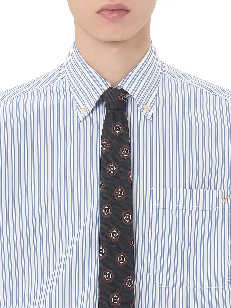 Valentino Men's Cotton Poplin Shirt with VGold Stripes - Ivory Blue | Thumbnail 6 Valentino Men's Cotton Poplin Shirt with VGold Stripes - Ivory Blue | Thumbnail 6