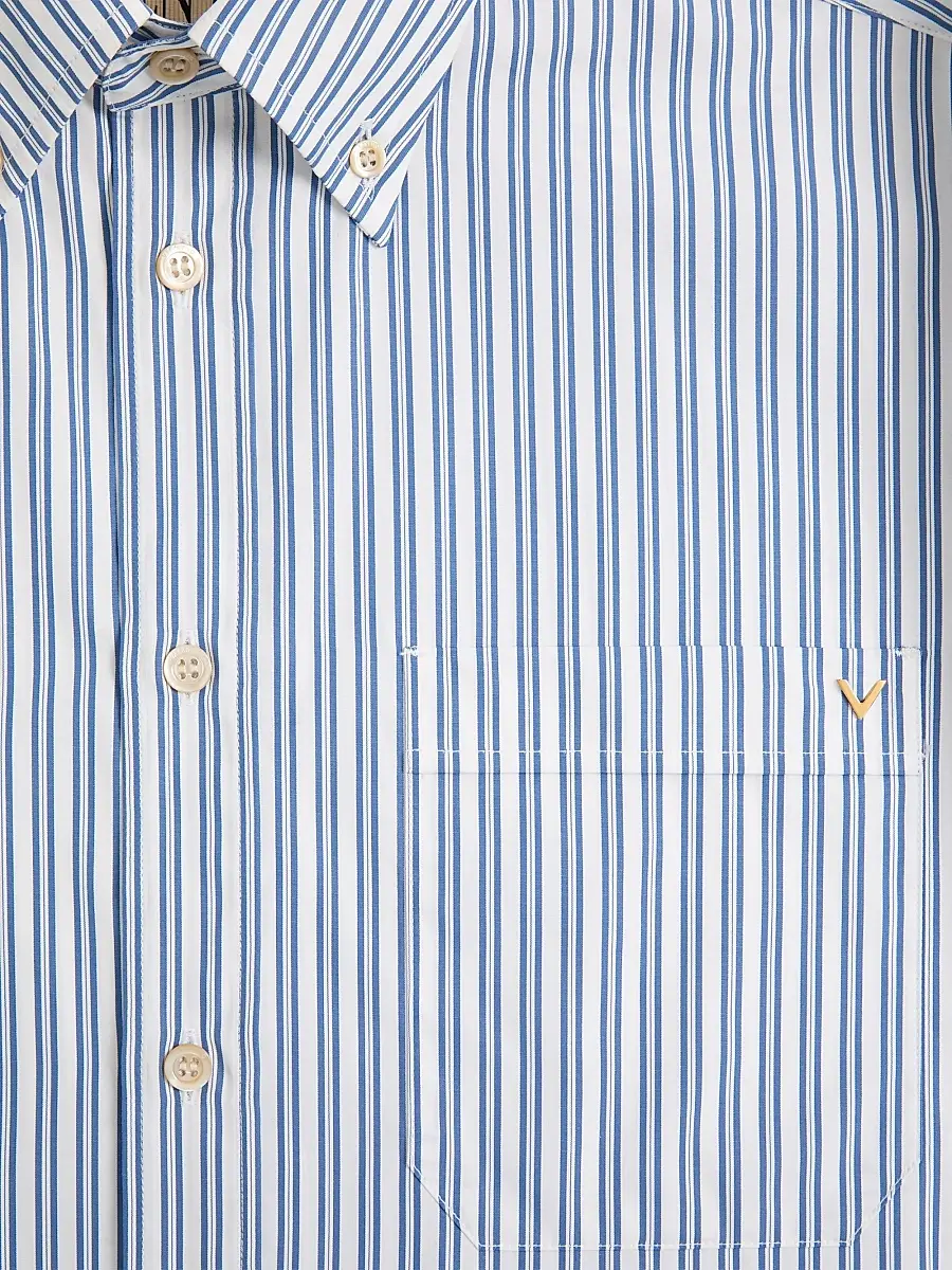 Valentino Men's Cotton Poplin Shirt with VGold Stripes - Ivory Blue | Thumbnail 7 Valentino Men's Cotton Poplin Shirt with VGold Stripes - Ivory Blue | Thumbnail 7