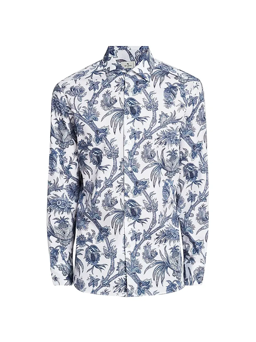 Etro Men's Multi-Floral Print Stretch Cotton Shirt - Print On White Base - Size 18.5 | Image 1 Etro Men's Multi-Floral Print Stretch Cotton Shirt - Print On White Base - Size 18.5 | Image 1