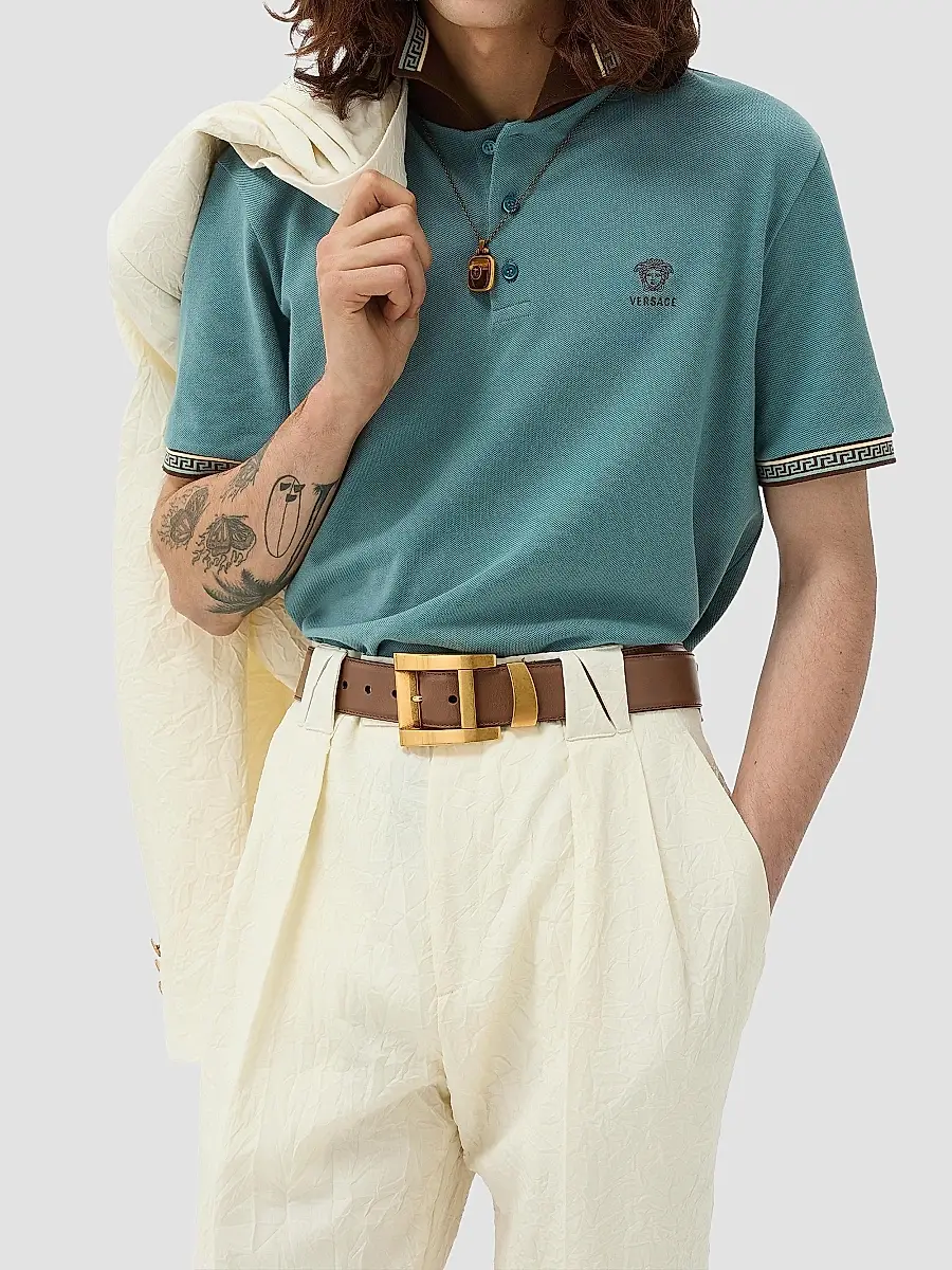Versace Men's Greca Medusa-Embroidered Cotton Piqué Polo Shirt | Thumbnail 2 Versace Men's Greca Medusa-Embroidered Cotton Piqué Polo Shirt | Thumbnail 2