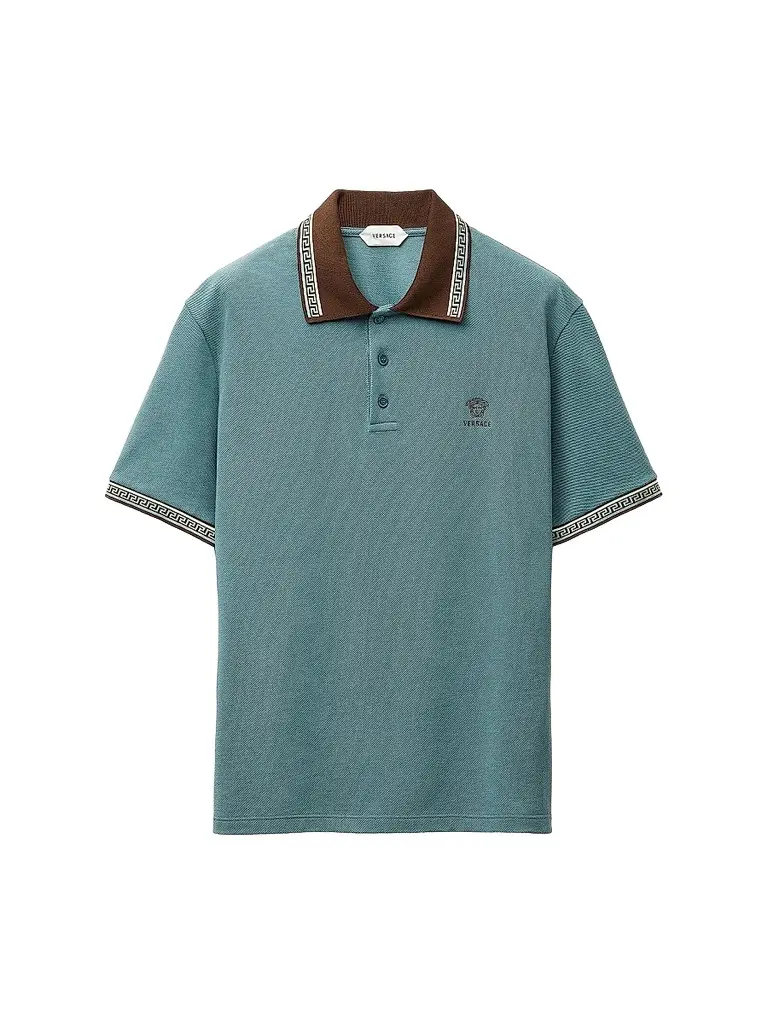 Versace Men's Greca Medusa-Embroidered Cotton Piqué Polo Shirt - Dark Sage Brown - Size XS | Image 1 Versace Men's Greca Medusa-Embroidered Cotton Piqué Polo Shirt - Dark Sage Brown - Size XS | Image 1