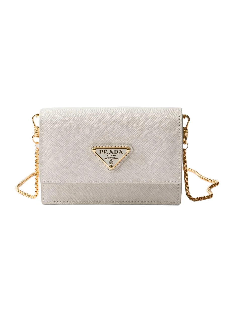 Prada Women's Saffiano Leather Card Holder with Shoulder Strap - Beige