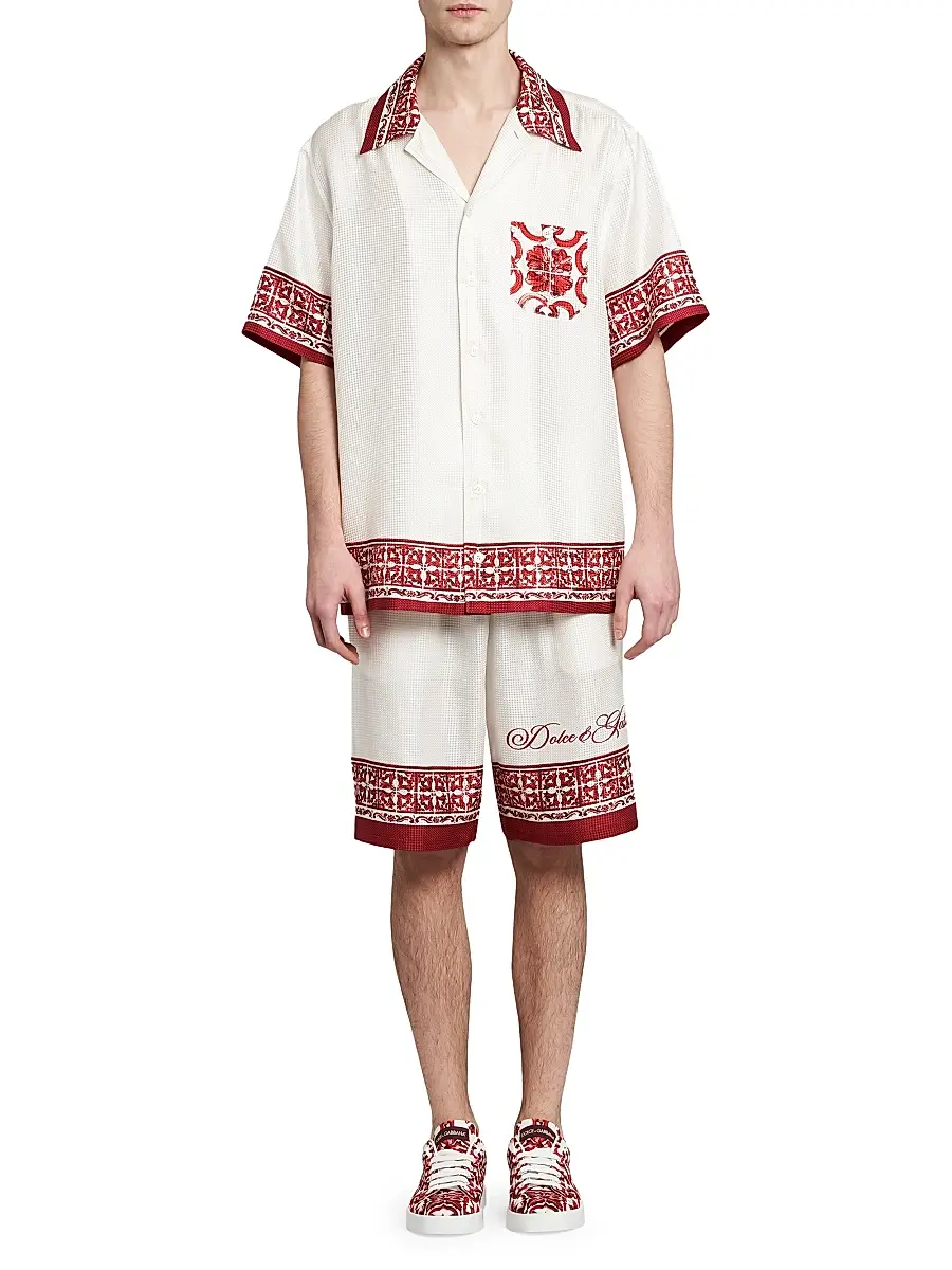 Dolce & Gabbana Men's Printed Silk Jacquard Twill Short-Sleeve Shirt | Thumbnail 2 Dolce & Gabbana Men's Printed Silk Jacquard Twill Short-Sleeve Shirt | Thumbnail 2