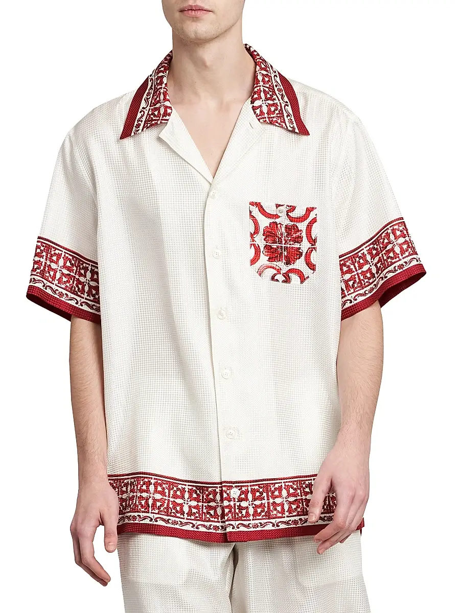 Dolce & Gabbana Men's Printed Silk Jacquard Twill Short-Sleeve Shirt | Thumbnail 3 Dolce & Gabbana Men's Printed Silk Jacquard Twill Short-Sleeve Shirt | Thumbnail 3