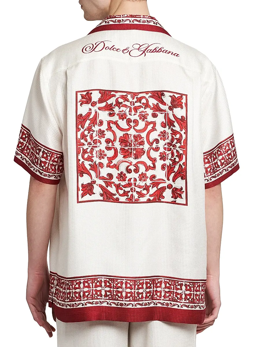Dolce & Gabbana Men's Printed Silk Jacquard Twill Short-Sleeve Shirt | Thumbnail 5 Dolce & Gabbana Men's Printed Silk Jacquard Twill Short-Sleeve Shirt | Thumbnail 5
