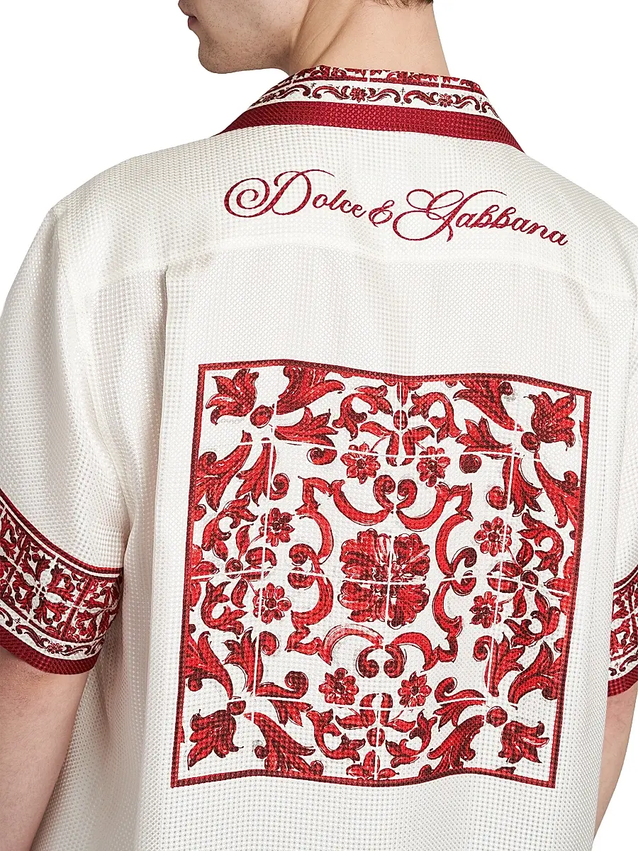 Dolce & Gabbana Men's Printed Silk Jacquard Twill Short-Sleeve Shirt | Thumbnail 6 Dolce & Gabbana Men's Printed Silk Jacquard Twill Short-Sleeve Shirt | Thumbnail 6