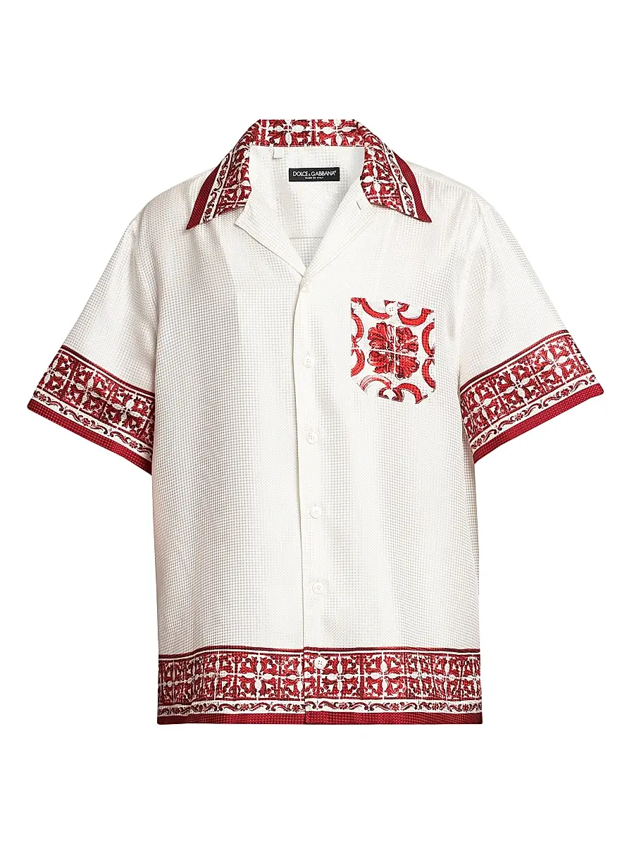 Men's Printed Silk Jacquard Twill Short-Sleeve Shirt