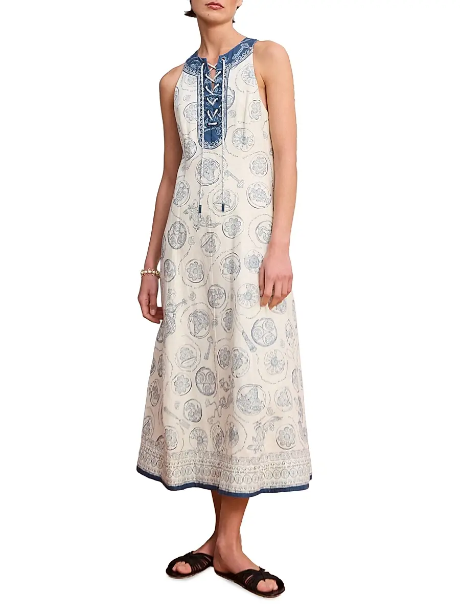 ALÉMAIS Women's Lucky Mixed-Print Linen Lace-Up Midi-Dress | Thumbnail 2 ALÉMAIS Women's Lucky Mixed-Print Linen Lace-Up Midi-Dress | Thumbnail 2