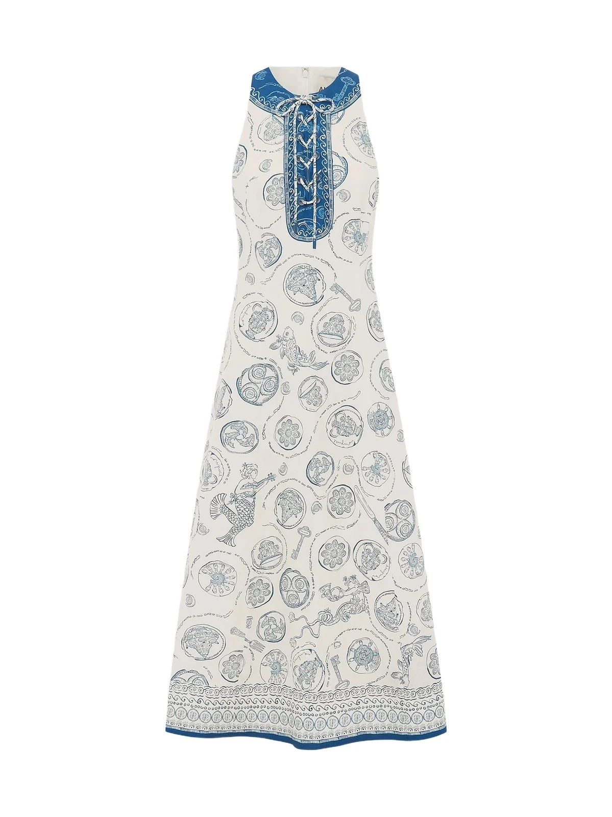 Women's Lucky Mixed-Print Linen Lace-Up Midi-Dress Women's Lucky Mixed-Print Linen Lace-Up Midi-Dress