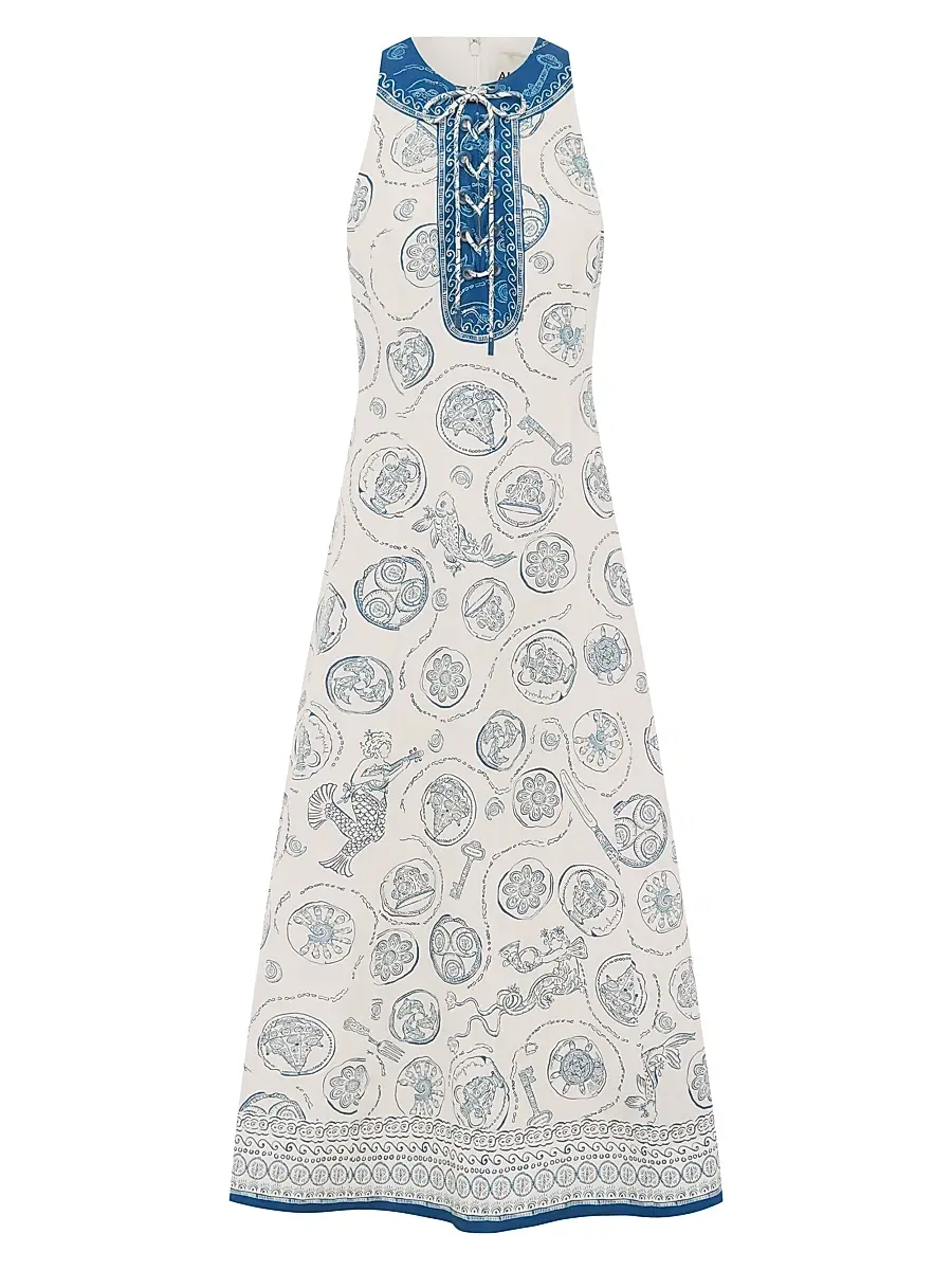 ALÉMAIS Women's Lucky Mixed-Print Linen Lace-Up Midi-Dress - | Image 1 ALÉMAIS Women's Lucky Mixed-Print Linen Lace-Up Midi-Dress - | Image 1