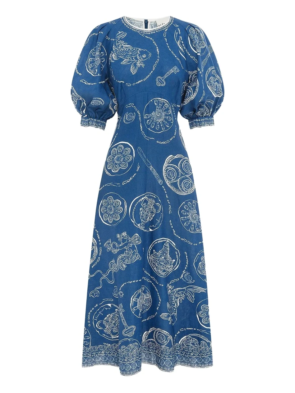 Women's Lucky Printed Linen Puff-Sleeve Midi-Dress Women's Lucky Printed Linen Puff-Sleeve Midi-Dress