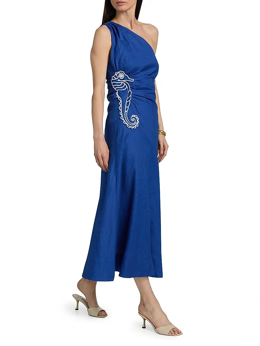 Farm Rio Women's Seahorse-Embroidered One-Shoulder Midi-Dress | Thumbnail 2 Farm Rio Women's Seahorse-Embroidered One-Shoulder Midi-Dress | Thumbnail 2