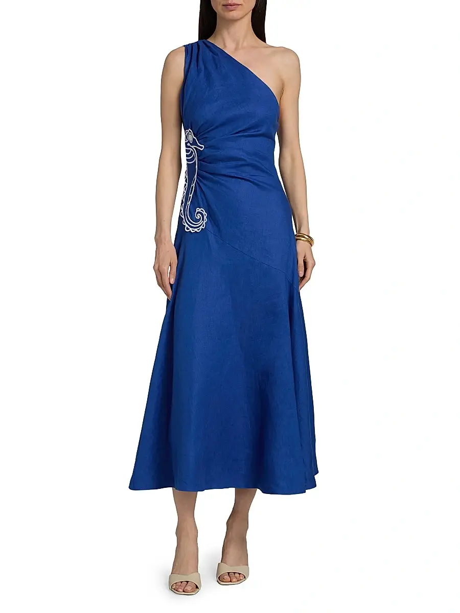 Farm Rio Women's Seahorse-Embroidered One-Shoulder Midi-Dress | Thumbnail 3 Farm Rio Women's Seahorse-Embroidered One-Shoulder Midi-Dress | Thumbnail 3