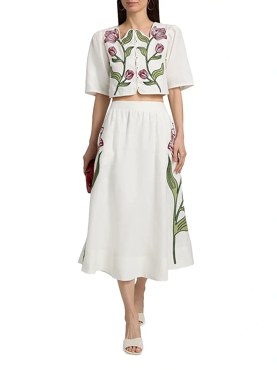 Farm Rio Women's Floral-Embroidered Linen Crop Top | Thumbnail 2 Farm Rio Women's Floral-Embroidered Linen Crop Top | Thumbnail 2