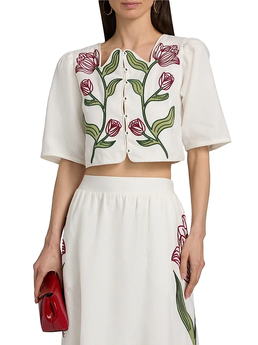 Farm Rio Women's Floral-Embroidered Linen Crop Top | Thumbnail 3 Farm Rio Women's Floral-Embroidered Linen Crop Top | Thumbnail 3