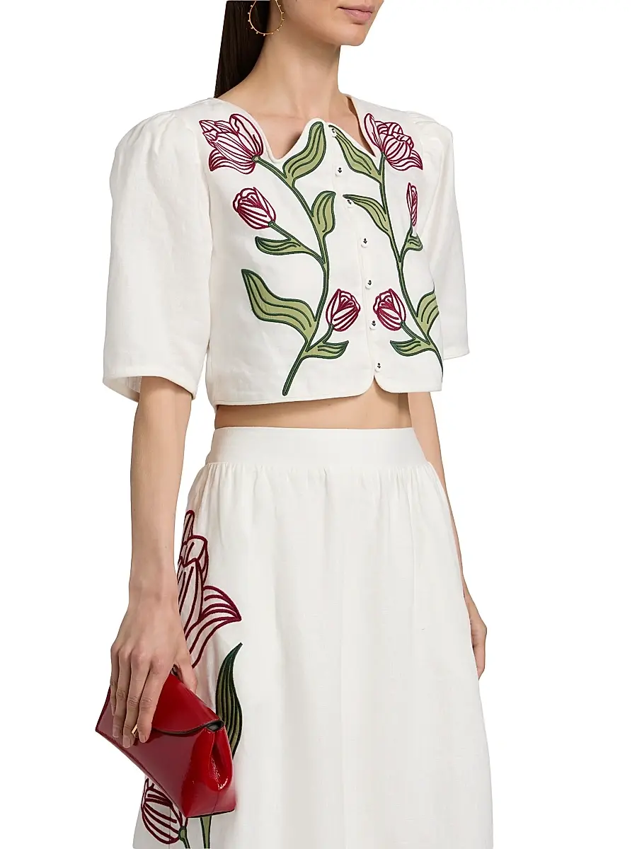 Farm Rio Women's Floral-Embroidered Linen Crop Top | Thumbnail 4 Farm Rio Women's Floral-Embroidered Linen Crop Top | Thumbnail 4