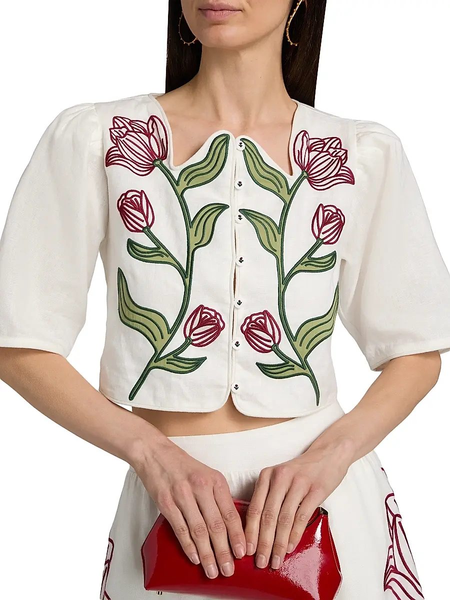 Farm Rio Women's Floral-Embroidered Linen Crop Top | Thumbnail 6 Farm Rio Women's Floral-Embroidered Linen Crop Top | Thumbnail 6