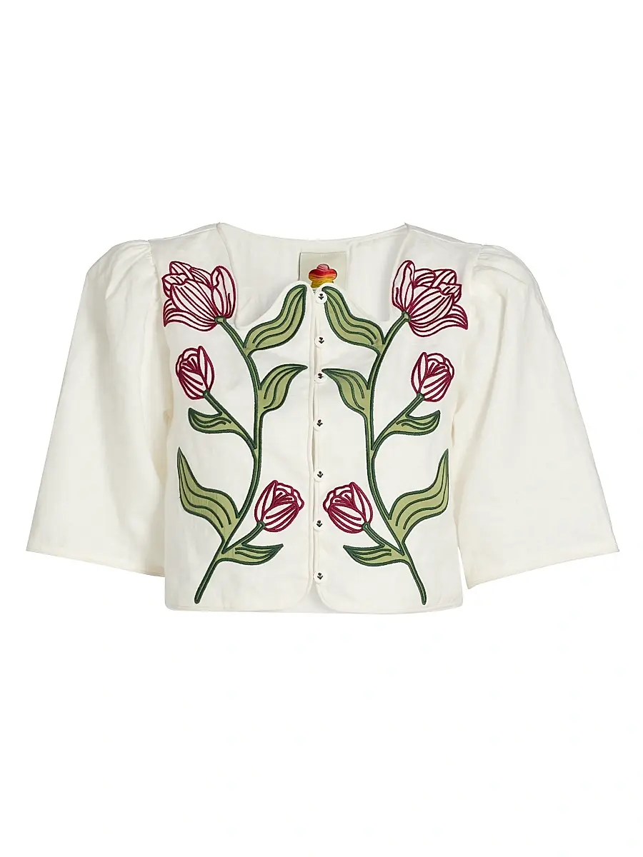 Farm Rio Women's Floral-Embroidered Linen Crop Top - Off White | Image 1 Farm Rio Women's Floral-Embroidered Linen Crop Top - Off White | Image 1