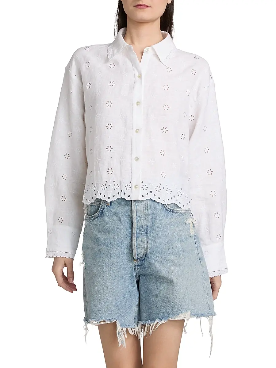 LoveShackFancy Women's Delano Eyelet Linen Button-Front Shirt | Thumbnail 3 LoveShackFancy Women's Delano Eyelet Linen Button-Front Shirt | Thumbnail 3