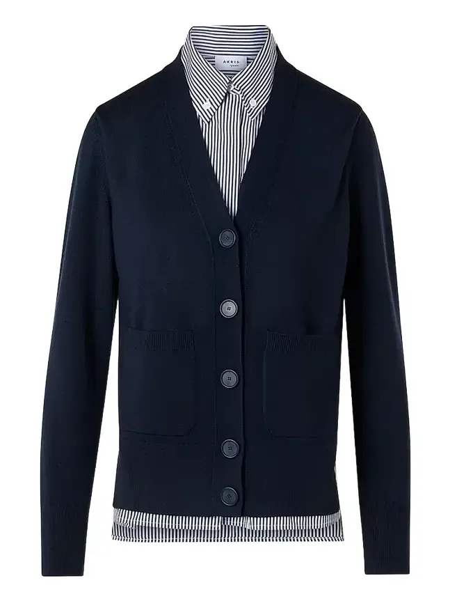 Women's Mixed-Media Wool & Cotton Cardigan - Navy Cream