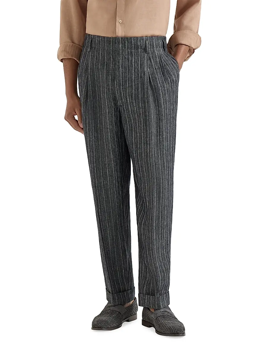 Brunello Cucinelli Men's Linen Chalk Stripe Chevron Trousers with Double Pleats | Thumbnail 2 Brunello Cucinelli Men's Linen Chalk Stripe Chevron Trousers with Double Pleats | Thumbnail 2