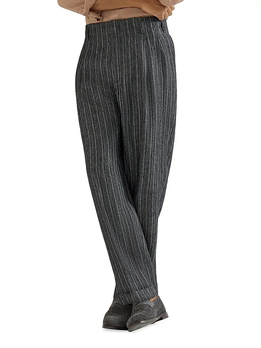Brunello Cucinelli Men's Linen Chalk Stripe Chevron Trousers with Double Pleats | Thumbnail 3 Brunello Cucinelli Men's Linen Chalk Stripe Chevron Trousers with Double Pleats | Thumbnail 3