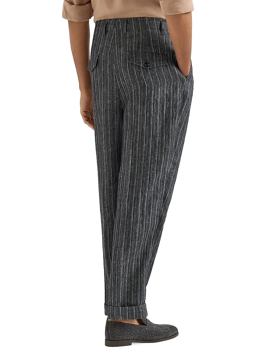 Brunello Cucinelli Men's Linen Chalk Stripe Chevron Trousers with Double Pleats | Thumbnail 4 Brunello Cucinelli Men's Linen Chalk Stripe Chevron Trousers with Double Pleats | Thumbnail 4