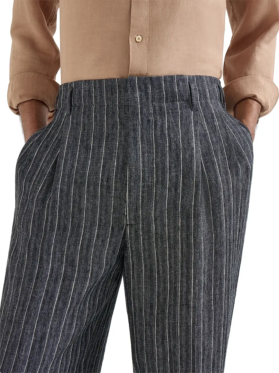 Brunello Cucinelli Men's Linen Chalk Stripe Chevron Trousers with Double Pleats | Thumbnail 5 Brunello Cucinelli Men's Linen Chalk Stripe Chevron Trousers with Double Pleats | Thumbnail 5