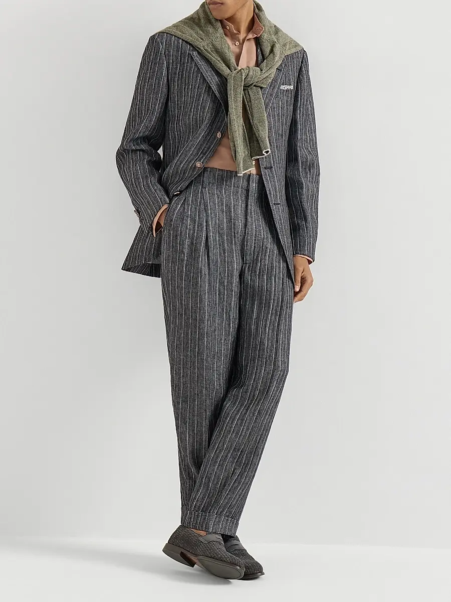 Brunello Cucinelli Men's Linen Chalk Stripe Chevron Trousers with Double Pleats | Thumbnail 6 Brunello Cucinelli Men's Linen Chalk Stripe Chevron Trousers with Double Pleats | Thumbnail 6