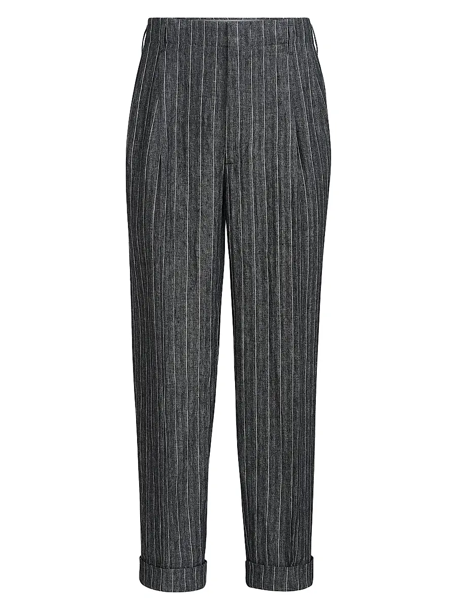 Brunello Cucinelli Men's Linen Chalk Stripe Chevron Trousers with Double Pleats - Dark Grey - Size 46 | Image 1 Brunello Cucinelli Men's Linen Chalk Stripe Chevron Trousers with Double Pleats - Dark Grey - Size 46 | Image 1