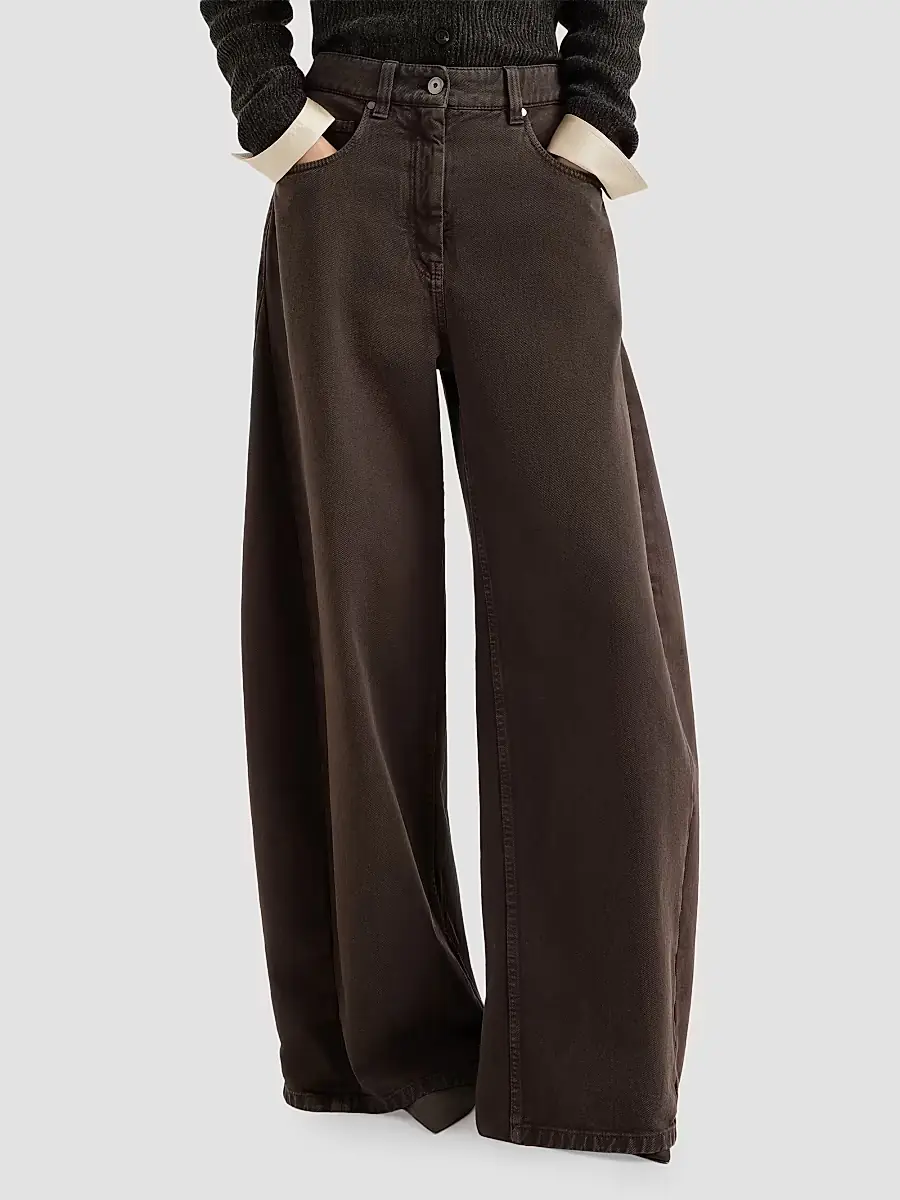 Brunello Cucinelli Women's Dyed Denim Wide Jeans with Monili - Pine Cone Brown | Thumbnail 2 Brunello Cucinelli Women's Dyed Denim Wide Jeans with Monili - Pine Cone Brown | Thumbnail 2