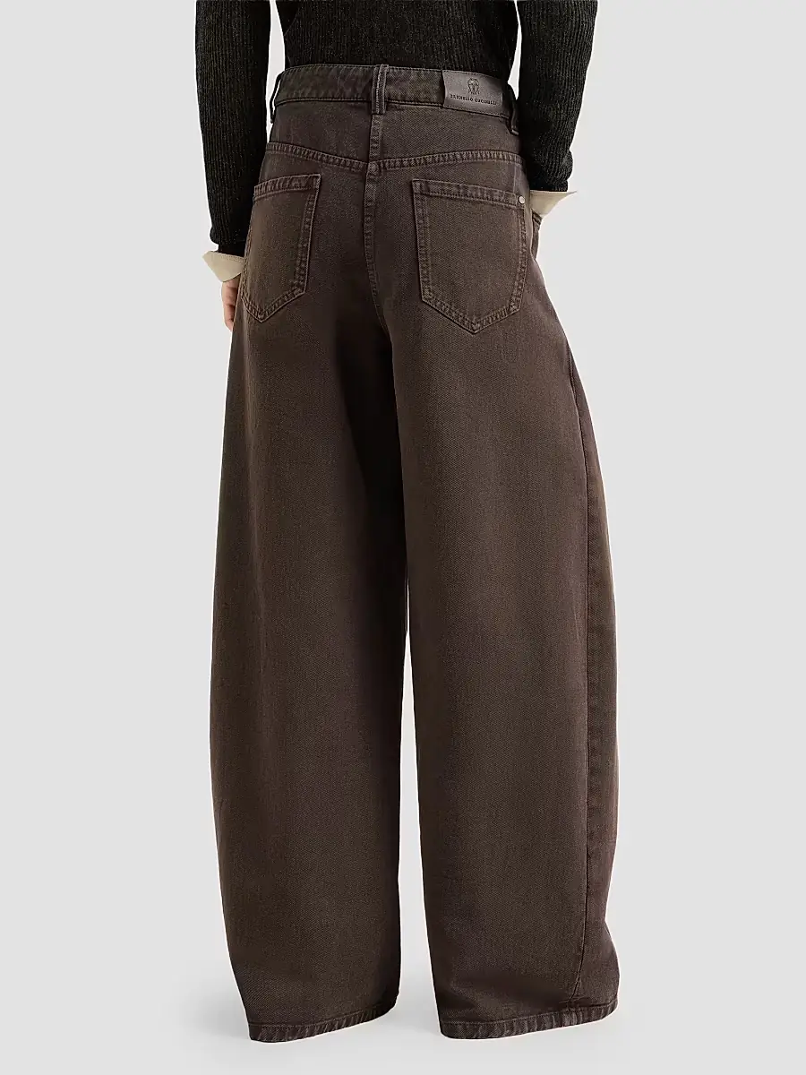 Brunello Cucinelli Women's Dyed Denim Wide Jeans with Monili - Pine Cone Brown | Thumbnail 3 Brunello Cucinelli Women's Dyed Denim Wide Jeans with Monili - Pine Cone Brown | Thumbnail 3