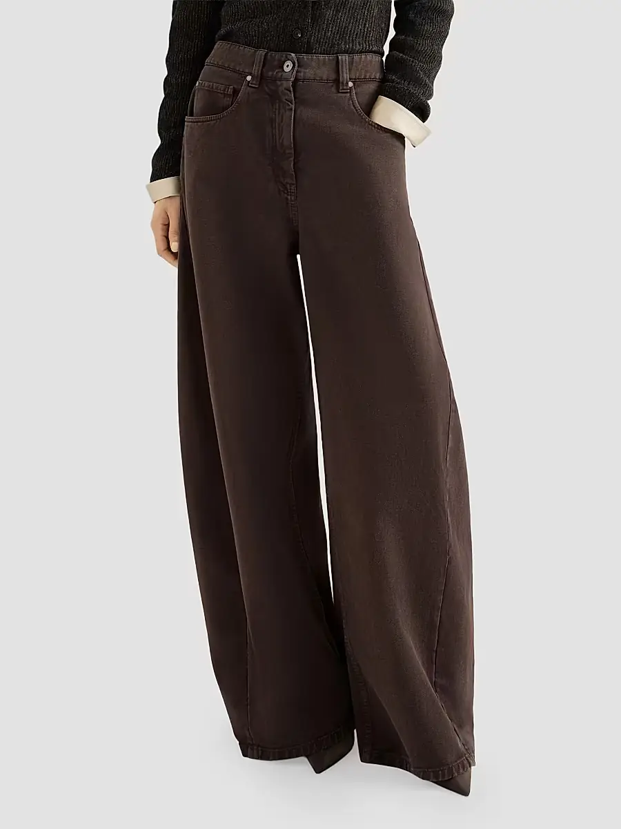 Brunello Cucinelli Women's Dyed Denim Wide Jeans with Monili - Pine Cone Brown | Thumbnail 5 Brunello Cucinelli Women's Dyed Denim Wide Jeans with Monili - Pine Cone Brown | Thumbnail 5