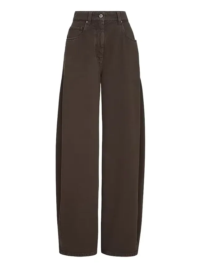 Brunello Cucinelli Women's Dyed Denim Wide Jeans with Monili - Pine Cone Brown