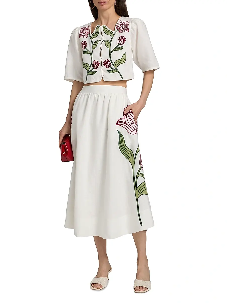 Farm Rio Women's Floral-Embroidered Linen Midi-Skirt | Thumbnail 2 Farm Rio Women's Floral-Embroidered Linen Midi-Skirt | Thumbnail 2