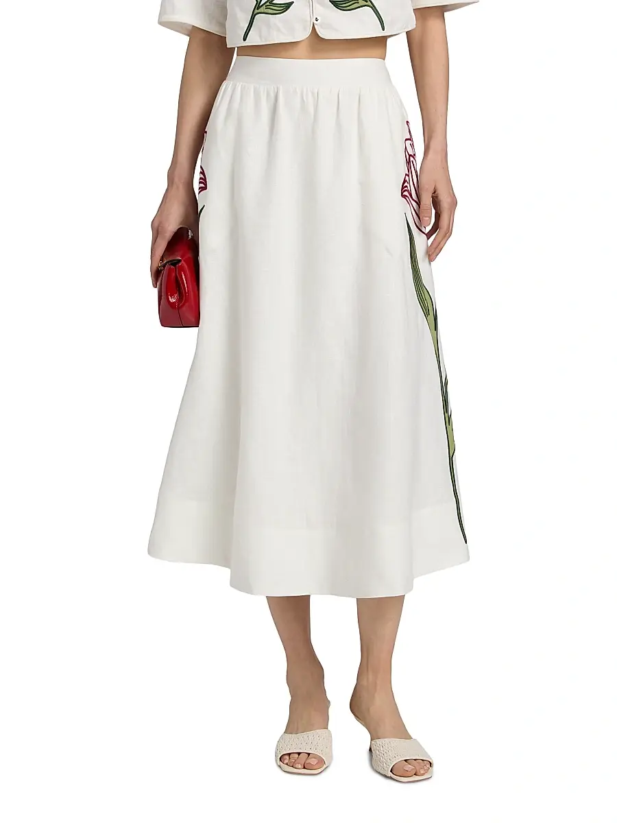 Farm Rio Women's Floral-Embroidered Linen Midi-Skirt | Thumbnail 3 Farm Rio Women's Floral-Embroidered Linen Midi-Skirt | Thumbnail 3
