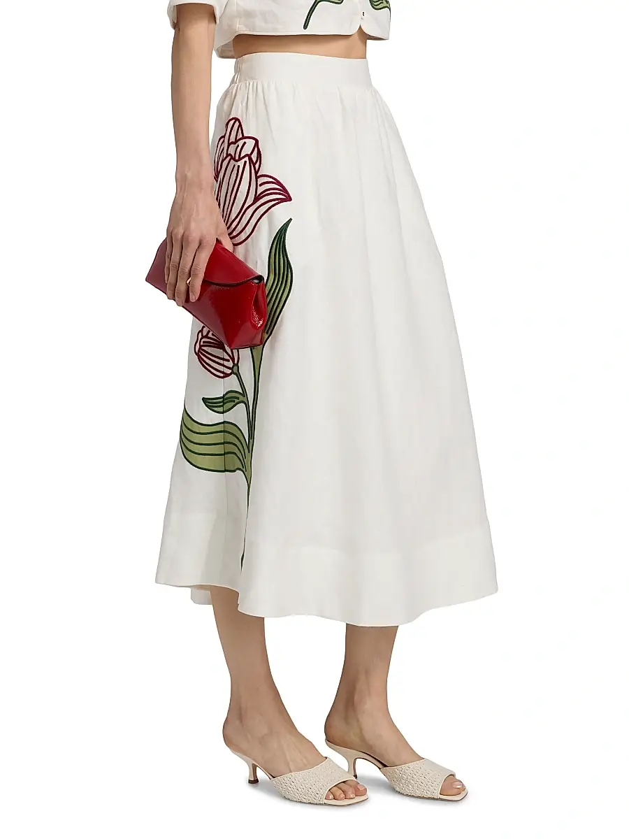 Farm Rio Women's Floral-Embroidered Linen Midi-Skirt | Thumbnail 4 Farm Rio Women's Floral-Embroidered Linen Midi-Skirt | Thumbnail 4