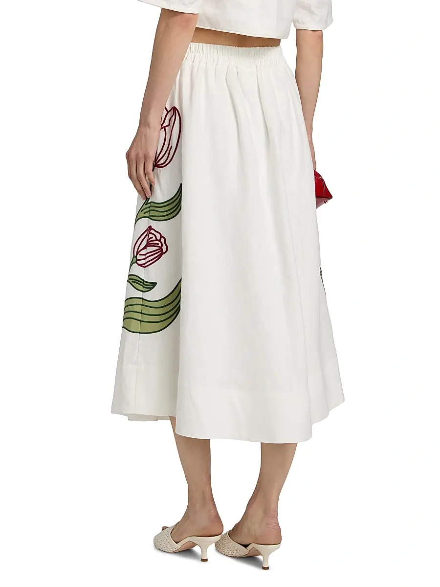 Farm Rio Women's Floral-Embroidered Linen Midi-Skirt | Thumbnail 5 Farm Rio Women's Floral-Embroidered Linen Midi-Skirt | Thumbnail 5